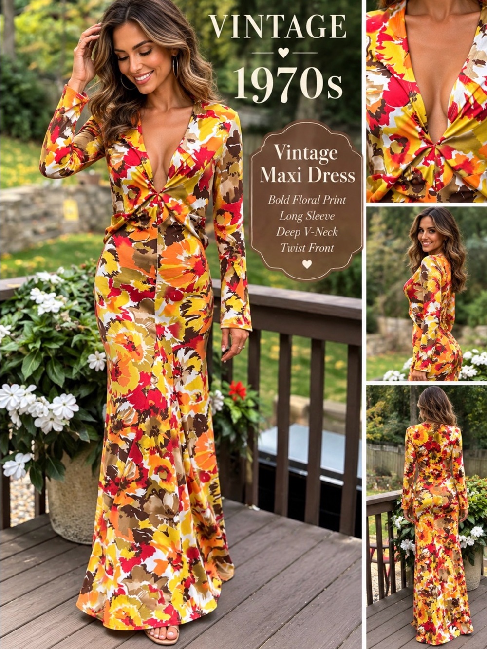 Vintage 1970s Floral Maxi bodycon Dress Long Sleeve Deep V-Neck Front size 2 4